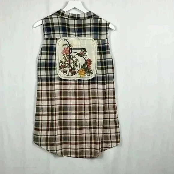 Boho Jane Tops - Boho Jane Womens Shirt Brown & Blue S Sleeveless Ombré Plaid Back/Applique Boho